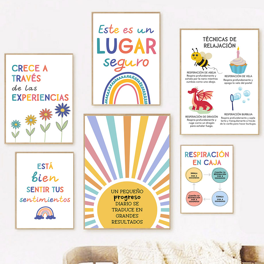 Kids Educational Posters - Educação espanhola lema arco-íris sol arte