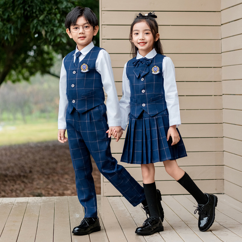 Kids Education School - Crianças britânico xadrez colete camisa terno